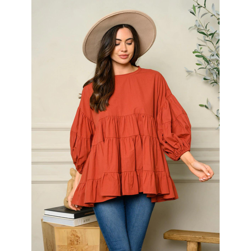 Rust Orange Long Sleeve Tiered Tunic Top